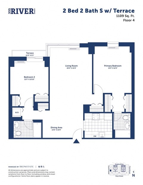 Floor plan for 2 beds, 2 baths, 1109 sqft